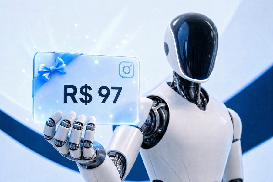 Robô humanoide segurando um cartão de crédito de R$97 com o símbolo do Instagram