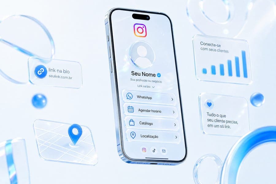 Celular flutuante com uma página de link da bio com botões de WhatsApp e agendamento