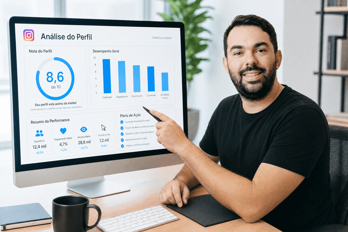 Welister em uma consultoria, analisando o painel de um perfil do Instagram