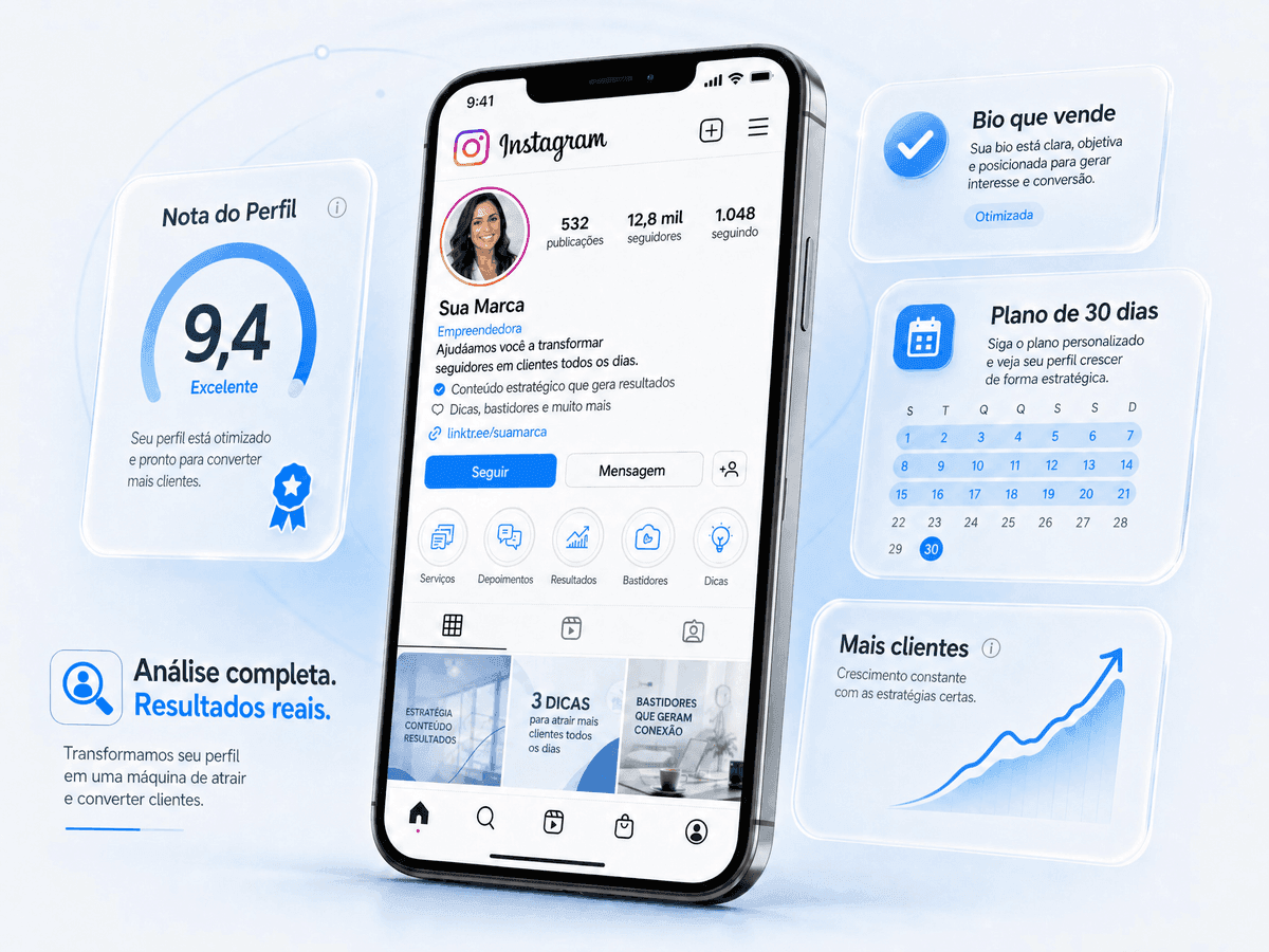 Perfil de Instagram sendo analisado, com a nota do perfil, bio otimizada e plano de 30 dias