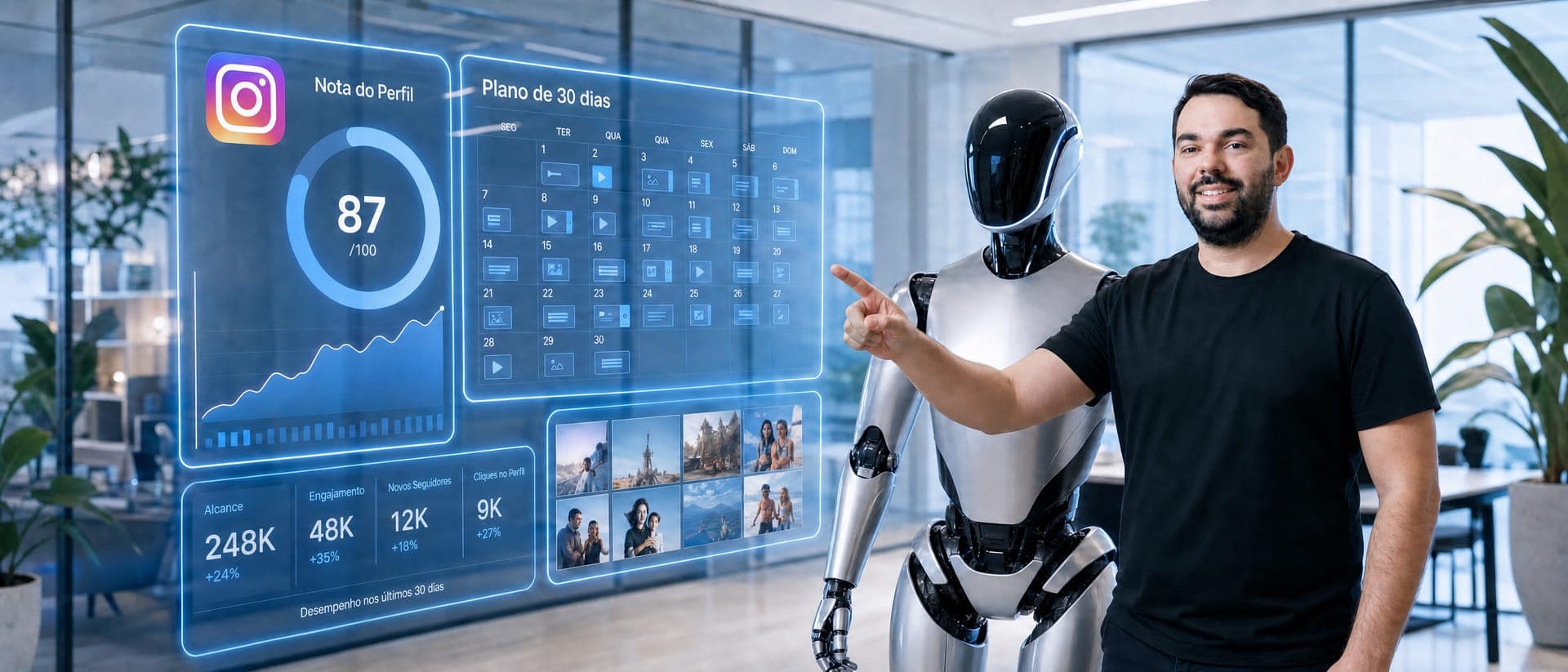 Welister Matos analisando um painel holográfico com as métricas de um perfil do Instagram