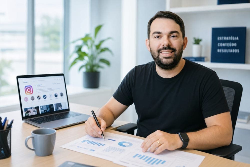Welister analisando relatórios impressos com o Instagram aberto no notebook