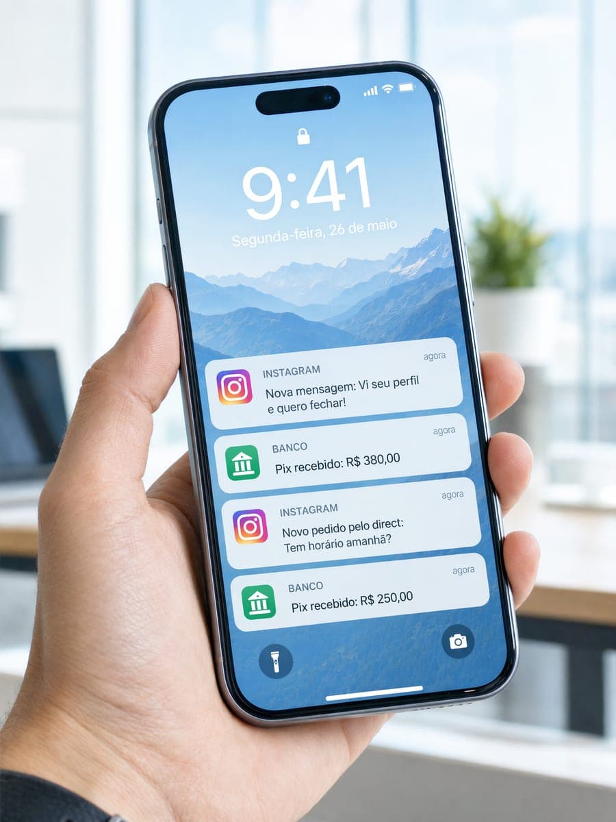 Mão segurando um celular com mensagens do Instagram de clientes querendo fechar e notificações de Pix recebido